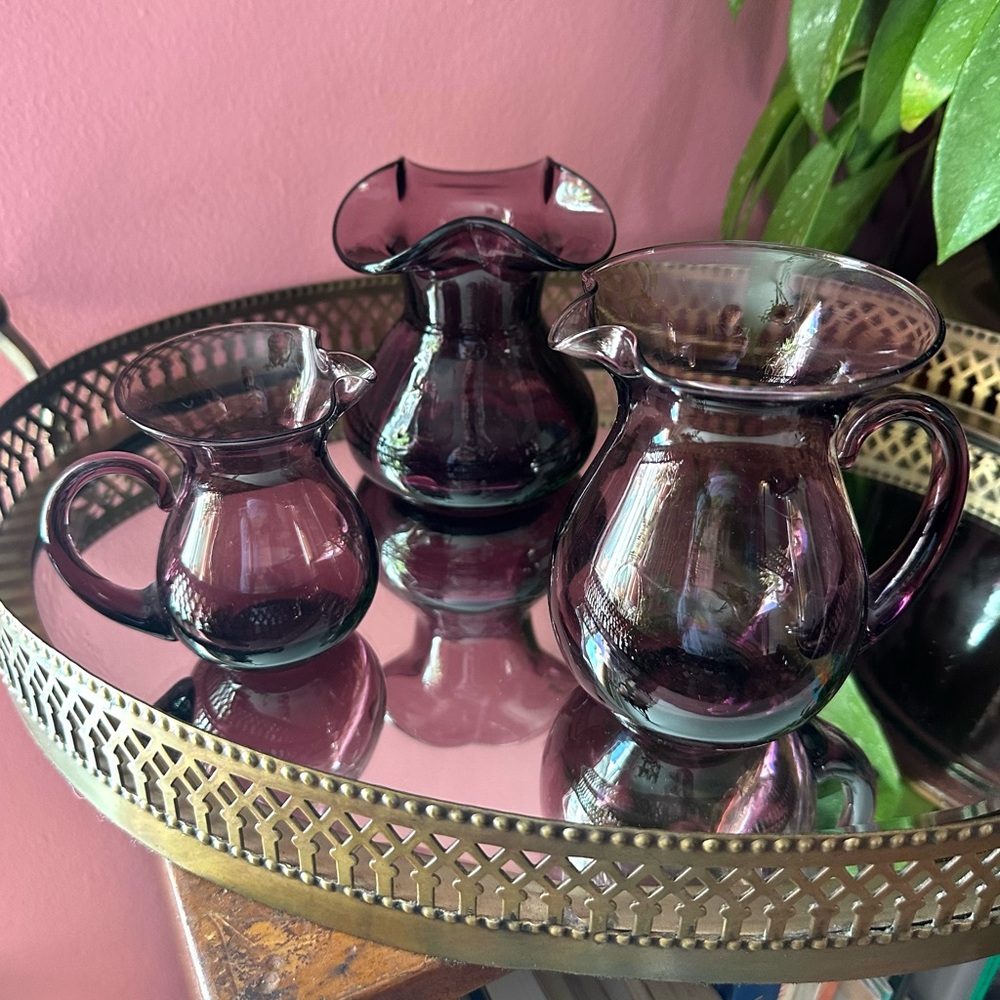 Vintage 3-Piece Amethyst Purple Handblown Ruffle Glass Table Set